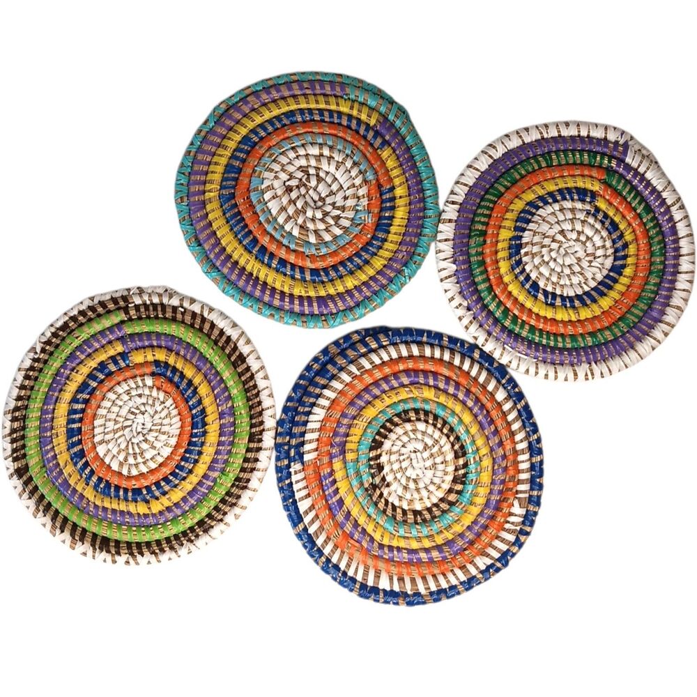 Large Colorful Woven Coasters Rattan And Plastic Multicolor 5.5" Set Of Four (4)